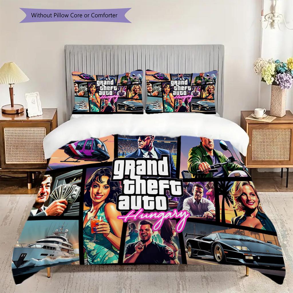 Ropa de cama con personajes vibrantes de Grand Theft Auto V (1 * funda nórdica + 2 * fundas de almohada, sin núcleo) Juego de ropa de cama de regalo de cumpleaños de Navidad plano 2D