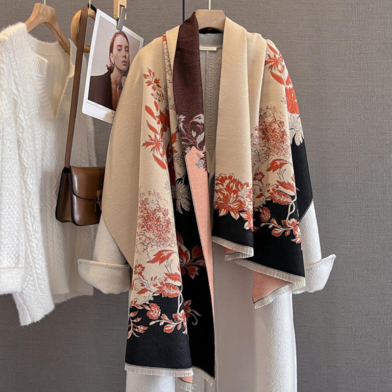 Designer Winter Warm Cashmere Scarves Women Floral Print Thicken Pashmina Shawl Elegant Lady Wool Poncho Windproof Pareo