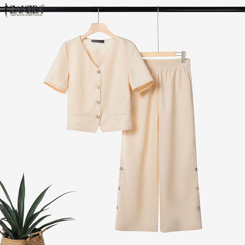ZANZEA Women Short Sleeve Blouse and Pants Summer Two Piece Suit Sets