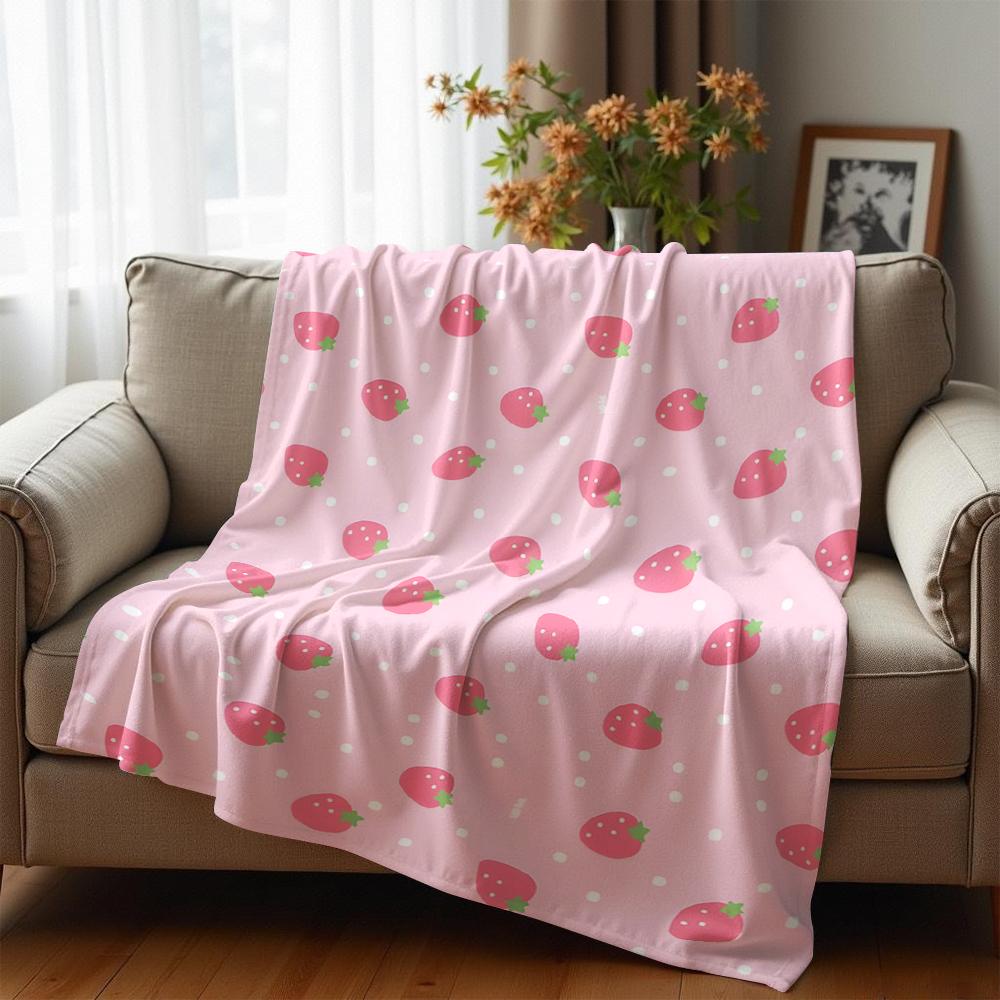 Pastel Pink Polka Dot Strawberry Cartoon Anime Print Flannel Blanket Soft Warm Throw for Kids Bedroom Sofa Christmas Office Car