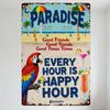 Vintage Tropical Paradise Metal Tin Sign with Beach Palm Trees Parrot Cocktails for Bar Beach House Home Decor