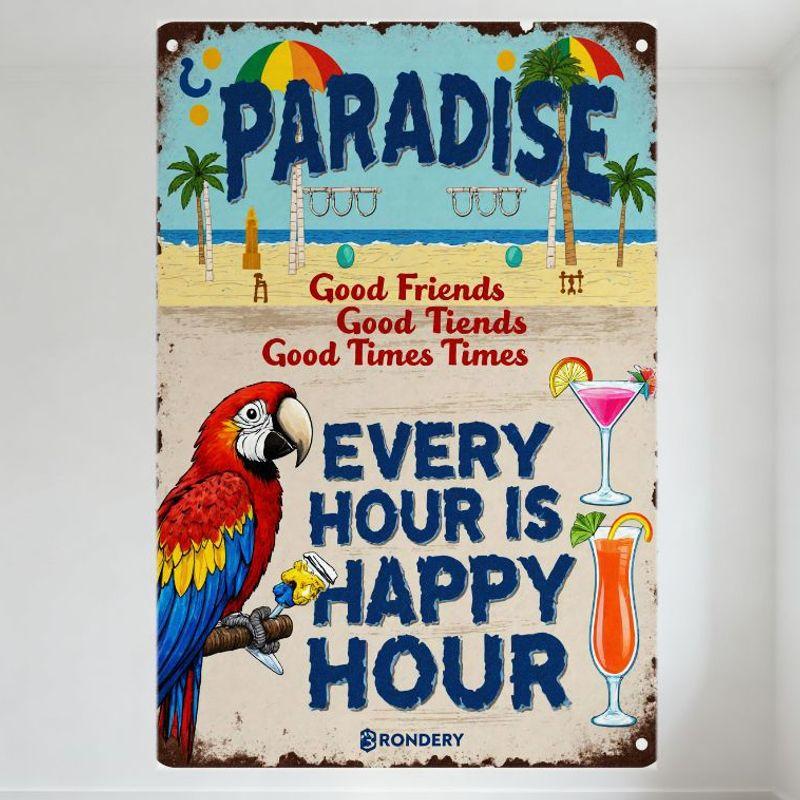Vintage Tropical Paradise Metal Tin Sign with Beach Palm Trees Parrot Cocktails for Bar Beach House Home Decor 20x30cm（7.8x11.8inch）