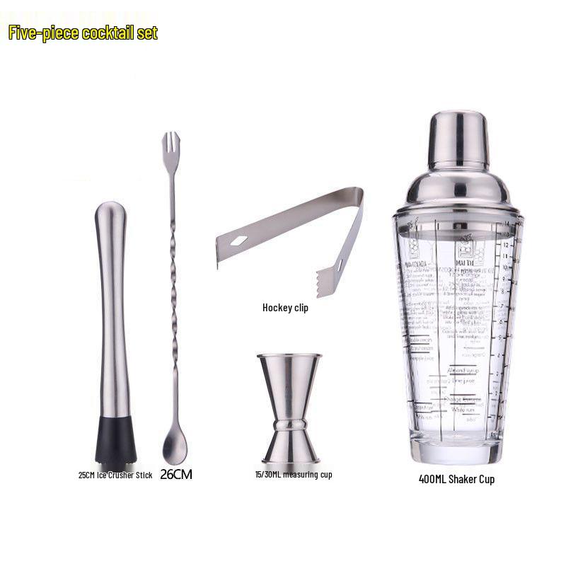 Glass Cocktail Shaker Set: Hand-Shaking Cup, Muddler, and 304 Stainless Steel Measuring Tools