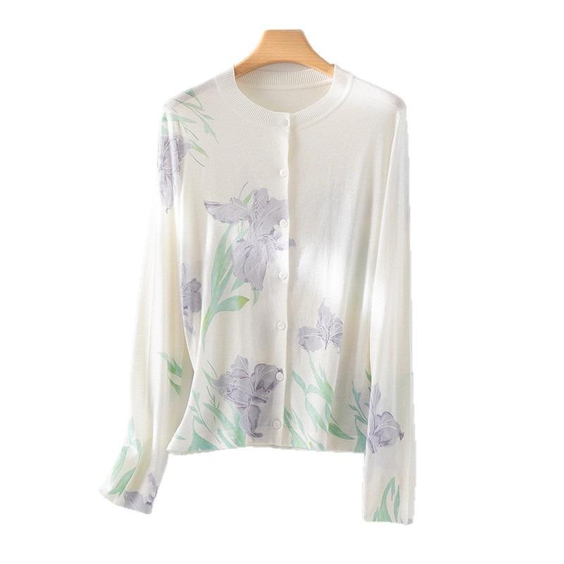 Acetic Acid + Wool Painted Printing Knitted Crew Neck Cardigan Women's Summer New Sunscreen Top Thin