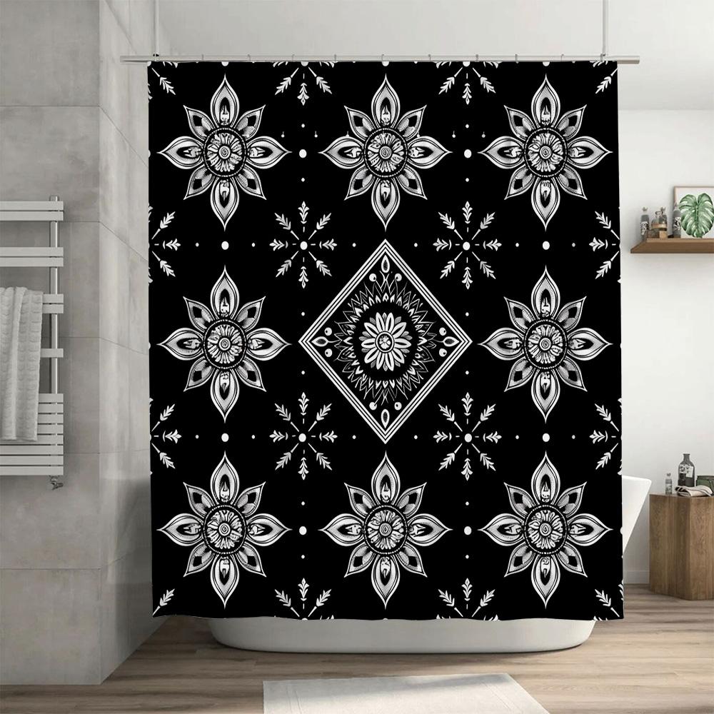 Black White Flower Shower Curtain Water-resistant Bathroom Decor Printing Waterproof Washable Rug for Bathtub