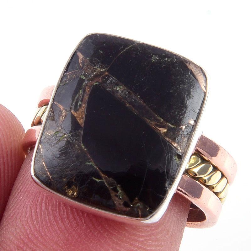 

Natural Black Turquoise Gemstone 925 Sterling Silver Two Tone Ring Size 7.5 s7m08