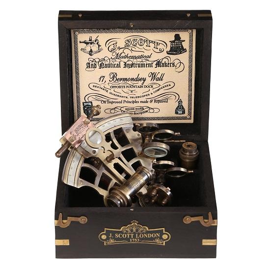 J. Scott London Brass Ship History Sextant with Hardwood Box Solid Brass Nautical Functional Maritime Sextant