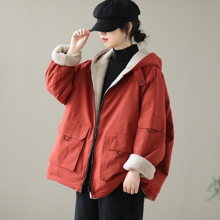 Retro Warm Thickened Fall Winter Cotton Jacket Women Hooded Coat Big Size Leisure