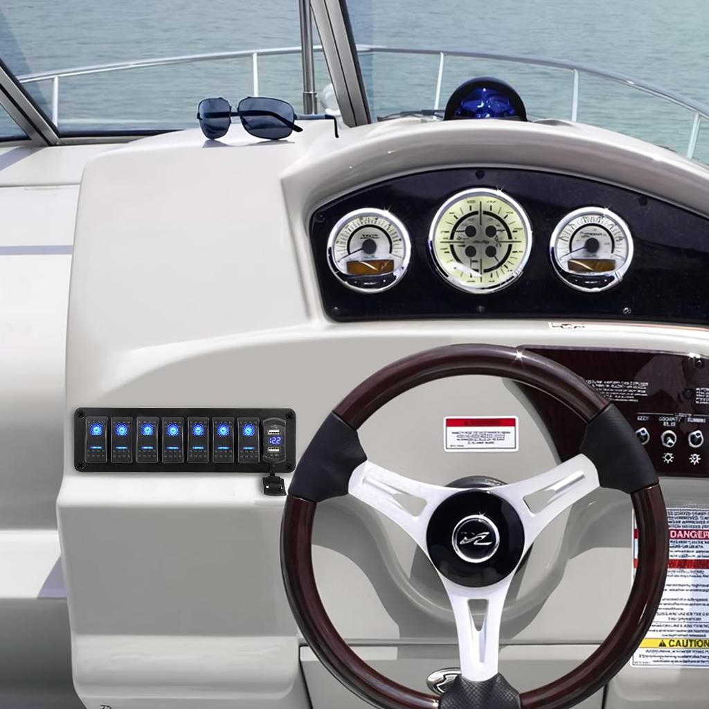 Chaoxinyizu Waterproof Boat Switch Panel with LED Dual USB for Cars and Ships Voltmeter, Sockets, DC12-24V, 7-Port,