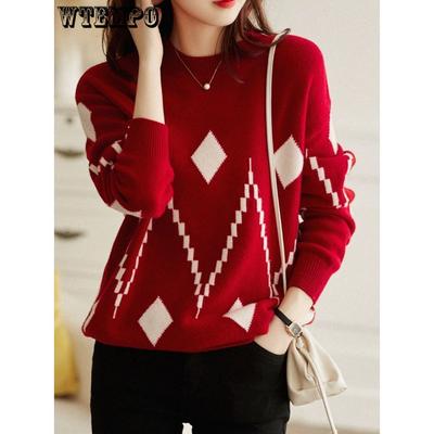 Diamant Jacquard Rode Trui Dames Ronde Hals Lazy Style Pullover Gebreide Trui Basis Top