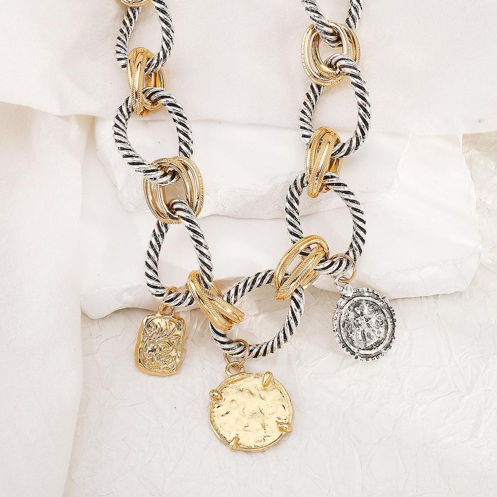 European & American Style Braided Chain Necklace with Coin Alloy Pendant