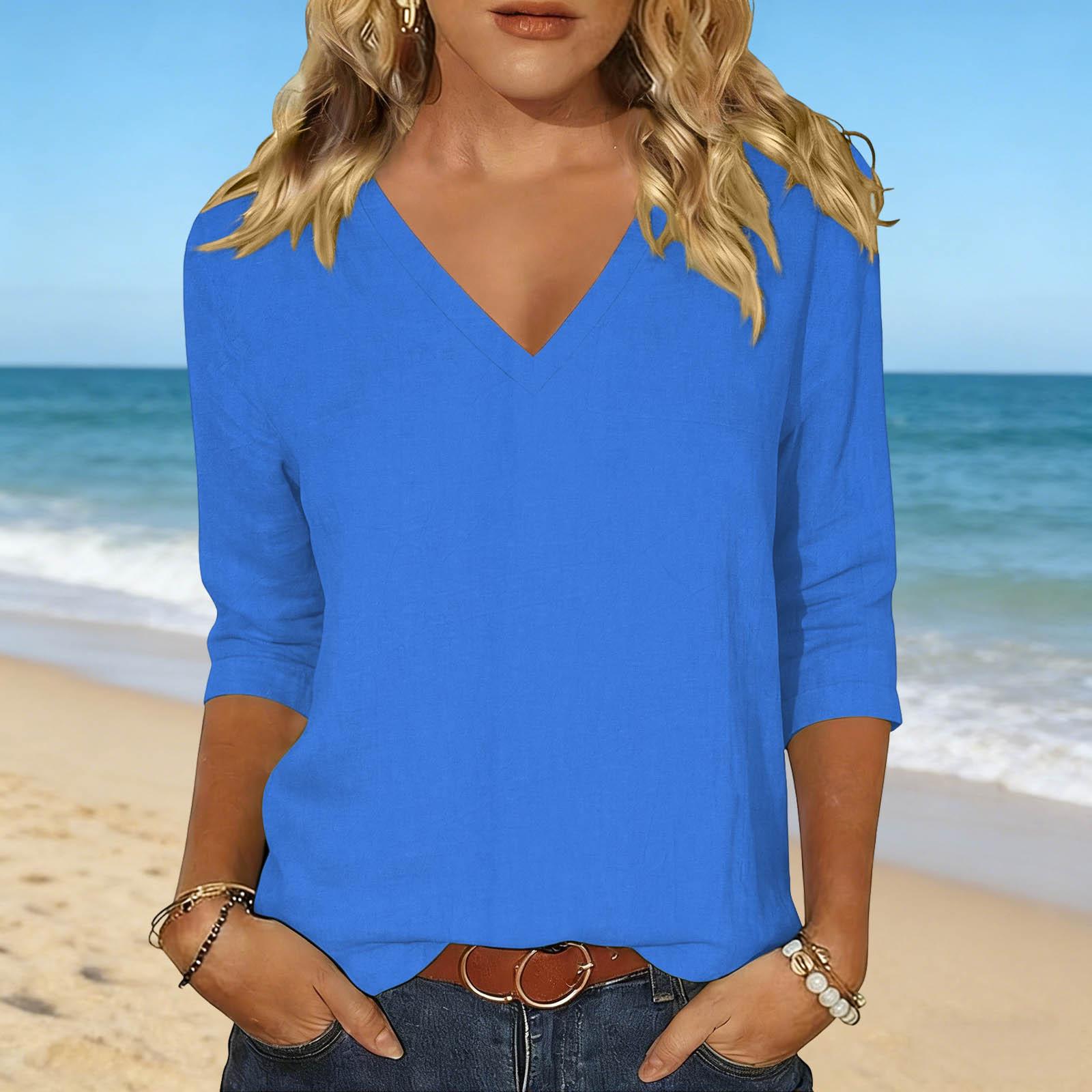 

Womens V Neck Loose Fit T Shirt Casual Linen Cotton Blend Top Long Sleeve Basic Pullover Relaxed Fit Blouse for Daily Wear XXL синій