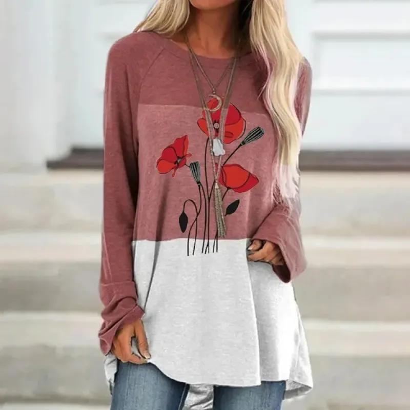 

Женская футболка-пуловер с круглым вырезом и длинными рукавами, размер S-8XL, с принтом и цветными блоками (в наличии) Женская одежда 8XL