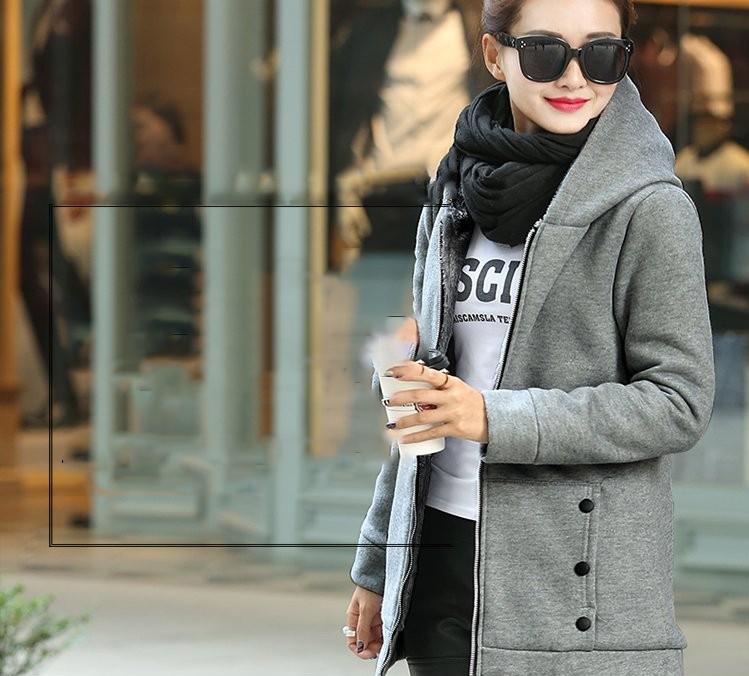 Women's Fleece Lined Hooded Jacket Thickened Autumn Winter Mid Length Coat Inner Fur Versatile Cardigan