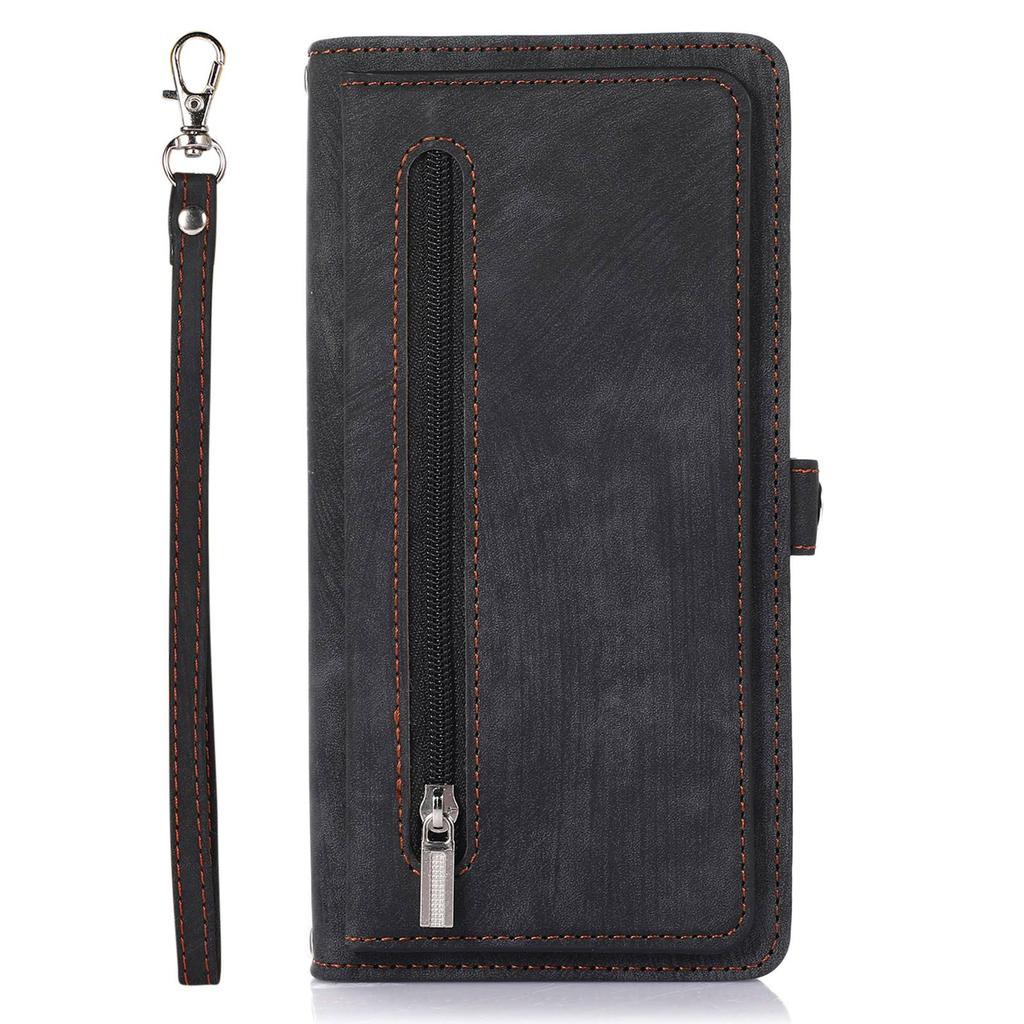 For iPhone 15 Pro Case Zipper Pocket 9 Card Slots PU Leather Phone Cover with Wrist Strap