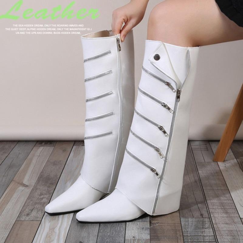 Women's Knee High Boots Fashion Pointed Toe Leather Boots Designer Zip Decorative Trouser Tube Boots for Women Knight Boot Botas