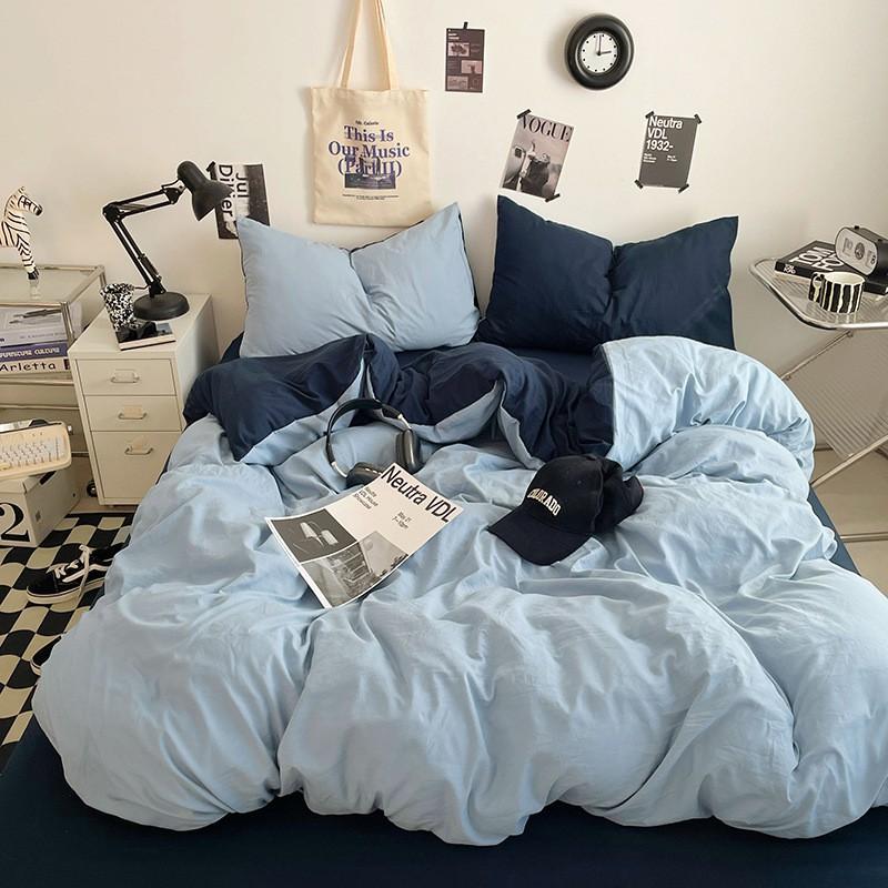 Washed Cotton Bedding Set Solid Color Brushed Bed Sheets Dorm Home
