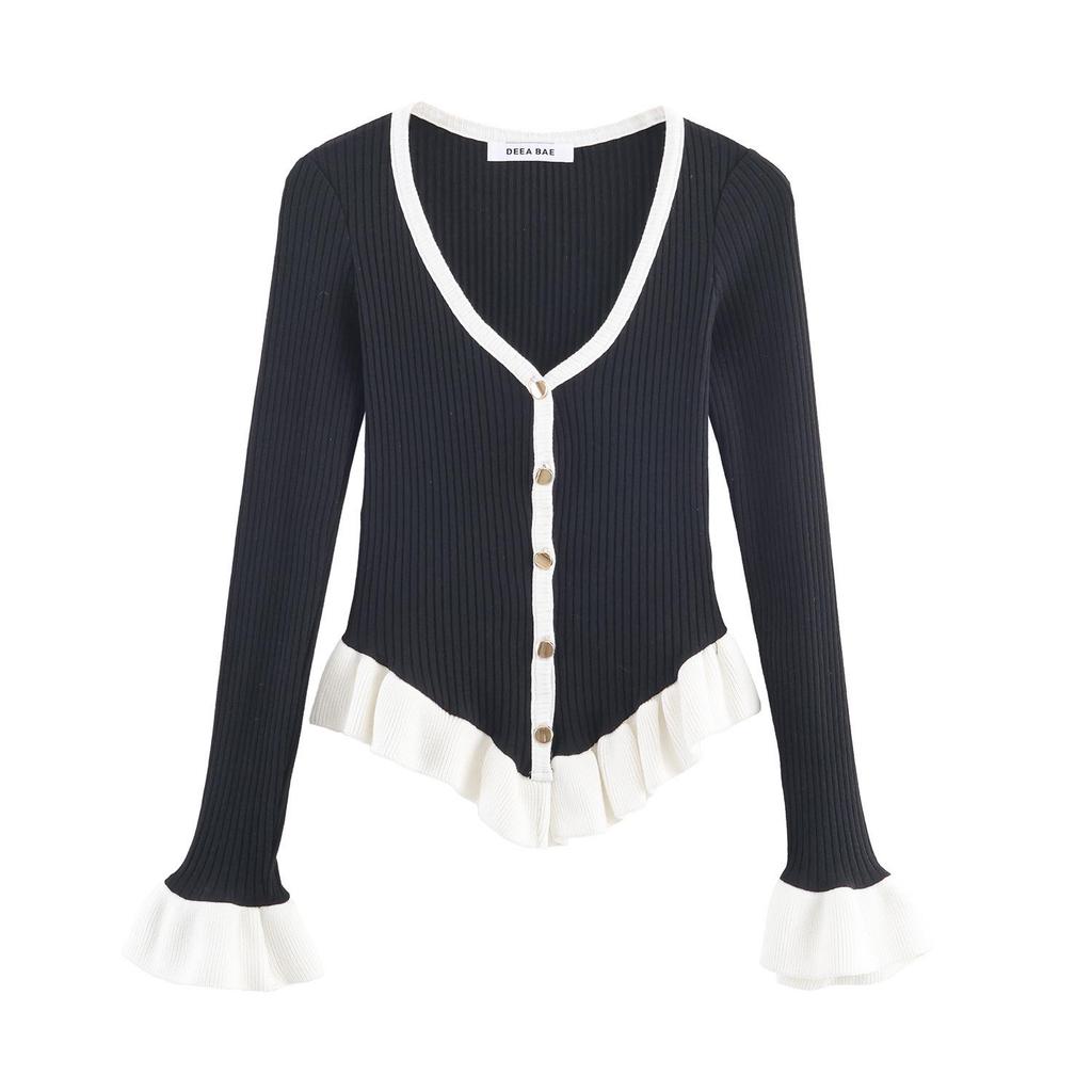 Autumn V-neck Color Block Flare Sleeve Knit Cardigan
