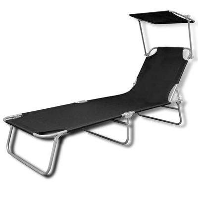 Folding Sun Lounger with Sun Canopy Steel and Fabric Black