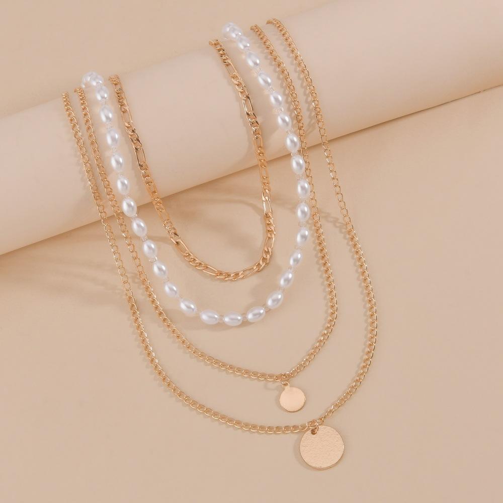 Personalized stacked wind, disc pendant, pearl collarbone chain, multi-layer metal necklace, ladies