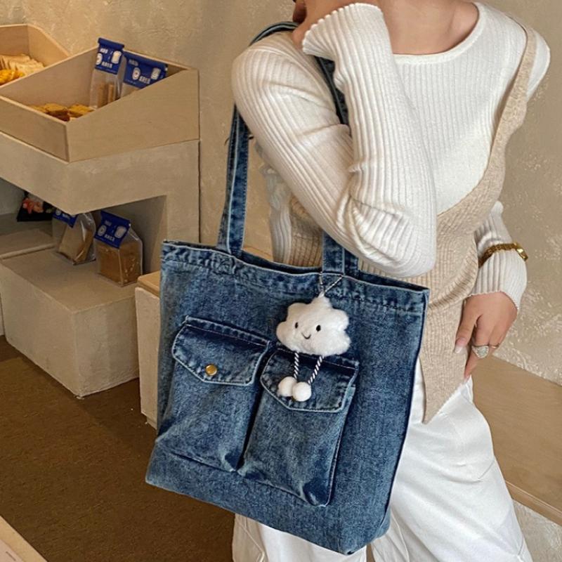 Double Pocket Design Denim Shoulder Bags for Women Large Capacity Ladies Students Tote Outing Travel Portable Female Handbags