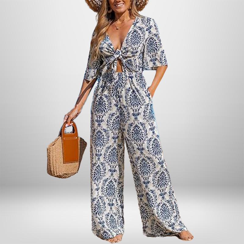 

Новая весенняя женская одежда Элегантный и изысканный однотонный комбинезон с высокой талией и топом-бандо с широкими штанинами 3XL синий