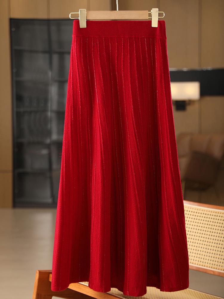 

Lurex 100% Wool Midi Skirt: 2024 Autumn/Winter Pleated Slimming High Waist Skirt One Size червоний