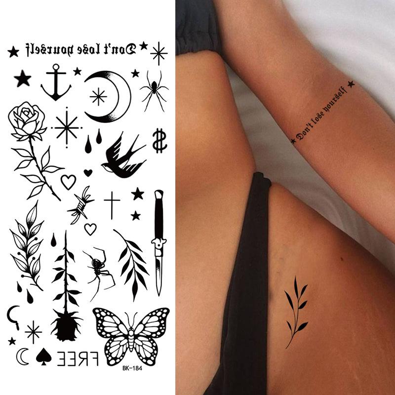Tattoo Sticker, Plain Flower English, Letter Flower Butterfly Line Transfer Sticker Tattoo