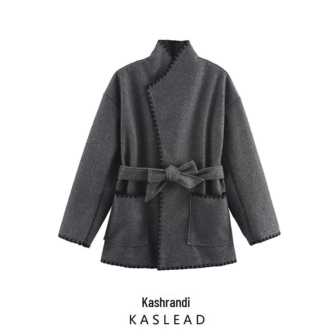 

2024 Winter Women s European & American Colorblock Lace-up Woolen Coat S