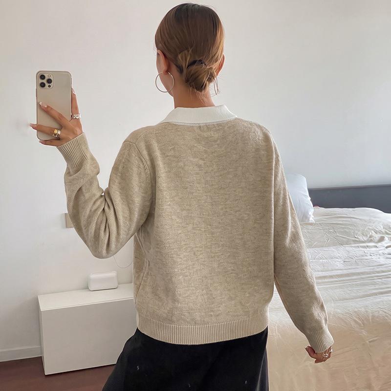 European & American Autumn Neutral Style Casual Diamond Jacquard Lapel Sweater for Women