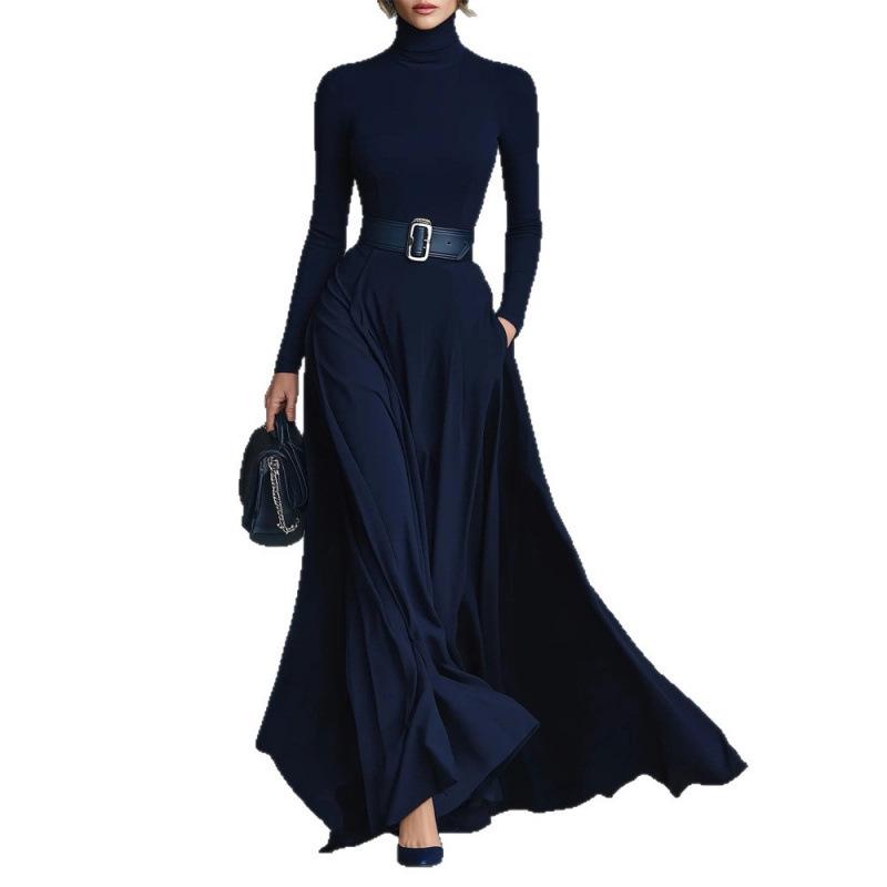 2025 Autumn/Winter Women's Long Sleeve Slimming High Neck Dress with Waist Cinching and Flare Skirt