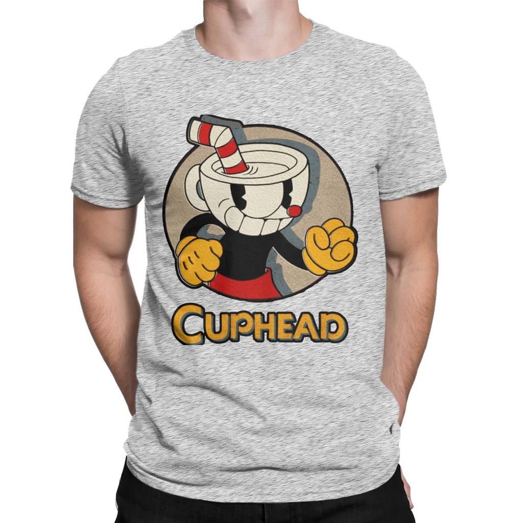 Creative Cuphead And Mugman Angry T-Shirt for Men Crew Neck Pure Cotton T Shirts Retro Games Short Sleeve Tee Shirt Clothing