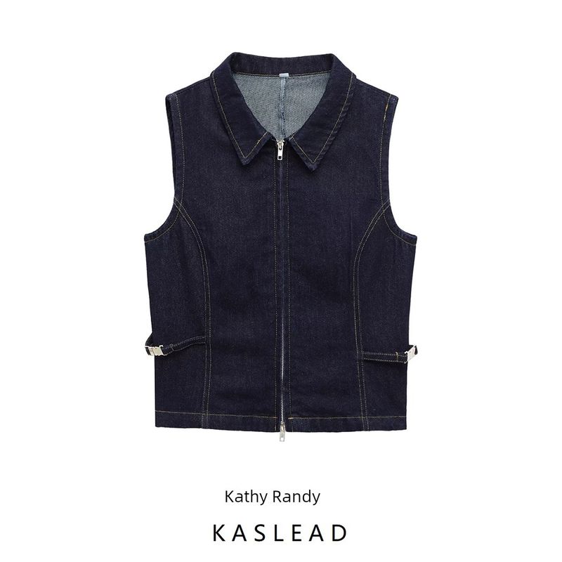 Kaslead New Arrival Women's Clothing Fashion Style Fashion Minimalist Silm Lapel Two-Way Denim Vest