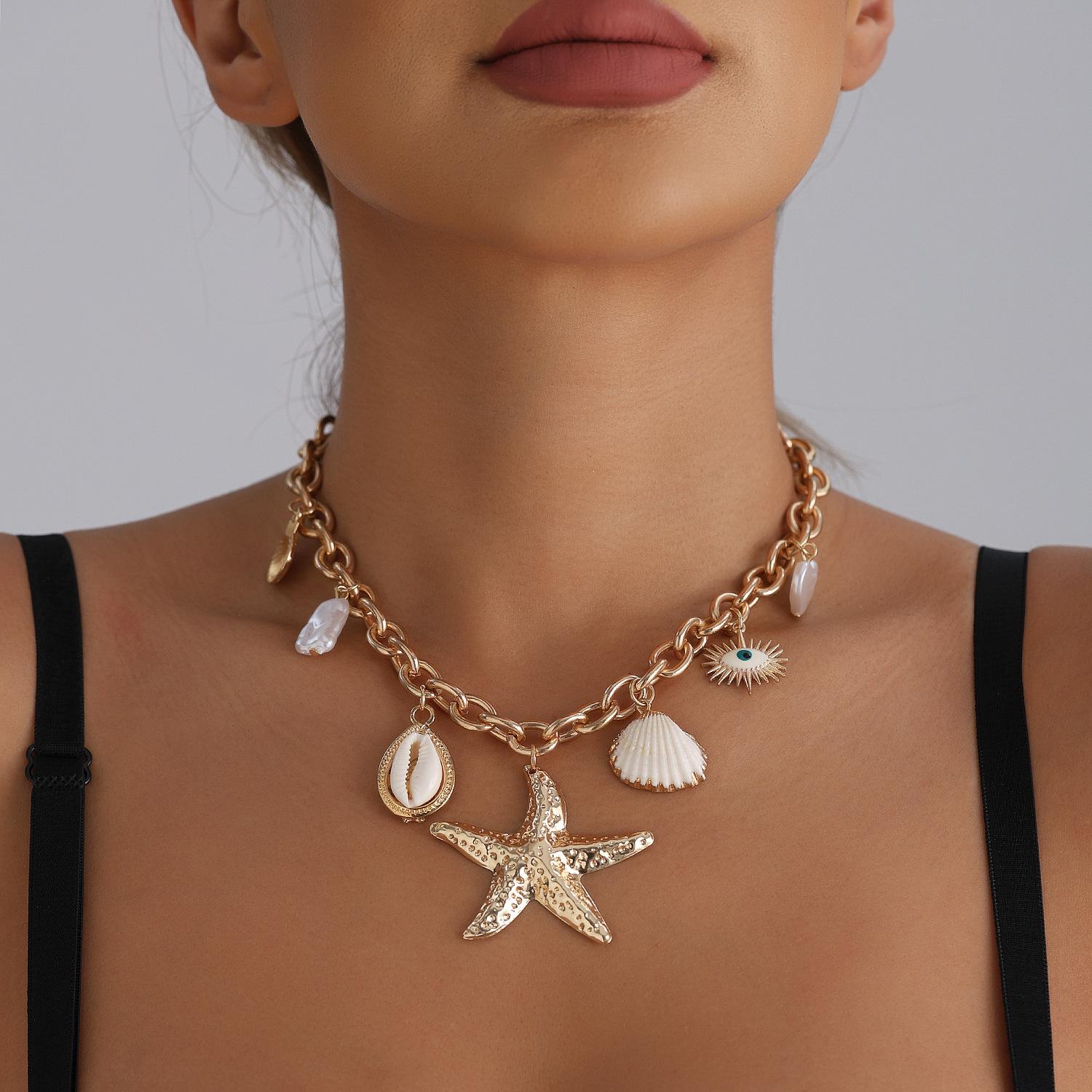 Gold Colored Metal Starfish Shell Scallop Heart Pearl Pendant Necklace 2025 Simple Fashion Vacation Beach Girl Jewelry