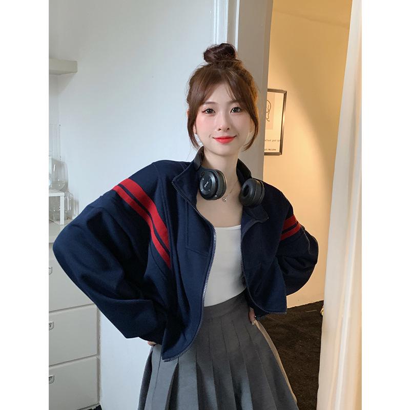 2025 American Retro Versatile Stand-Up Collar Oversized Sweatshirt Jacket for Women - Spring/Autumn Petite Top