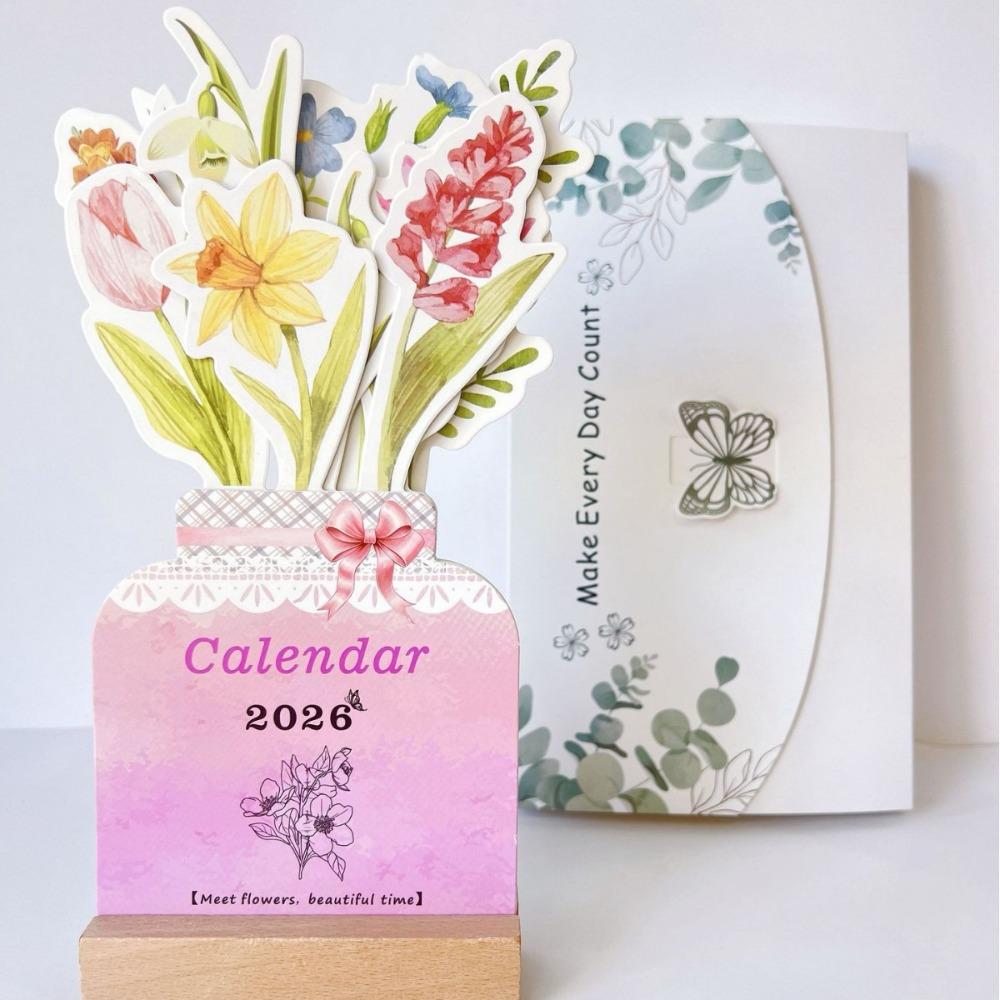 Wooden Stand Flowers Desk Calendar Card Insert Standing Desk Calendar Mini Desk Calendar  Festival
