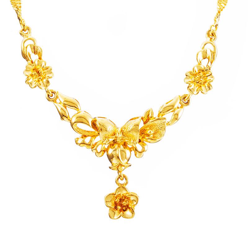 24k Gold Plated Women's Flower Necklace, Vietnamese Sand Gold Bridal Wedding Necklace, Brass Gold Plated Clavicle Necklace for Women