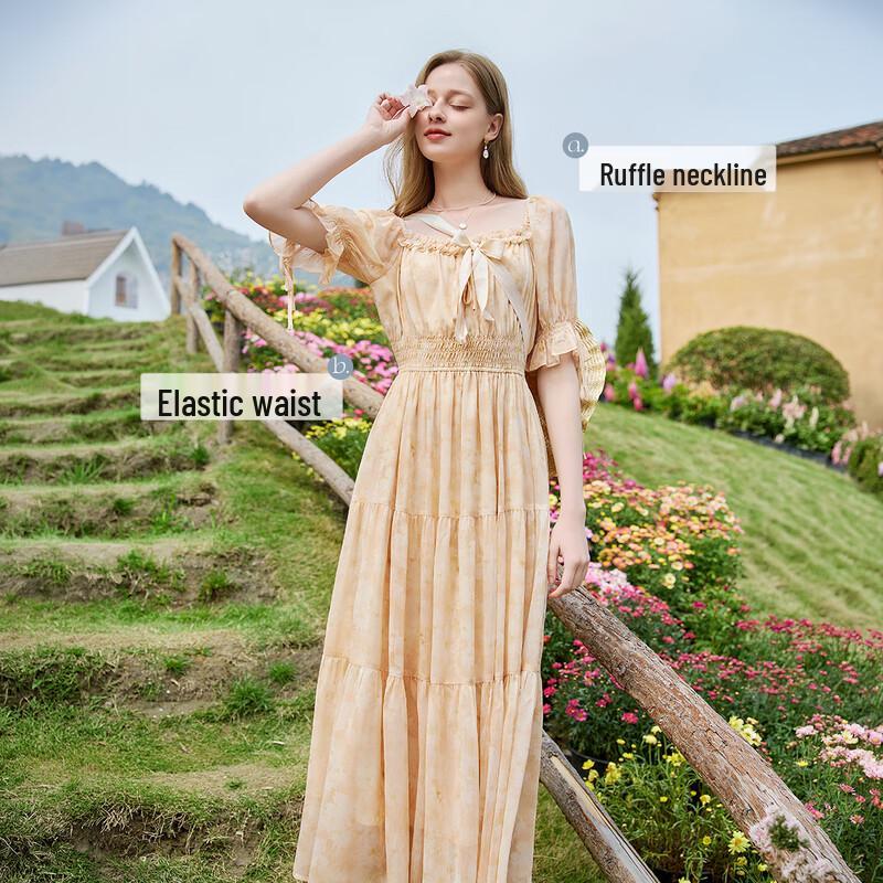 Xiangying Summer Floral Chiffon Tiered Dress