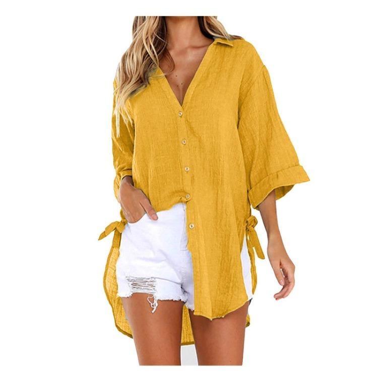 Loose Long Sleeve Casual Shirt for Women Side Lace Up Button Lapel Knotted Top
