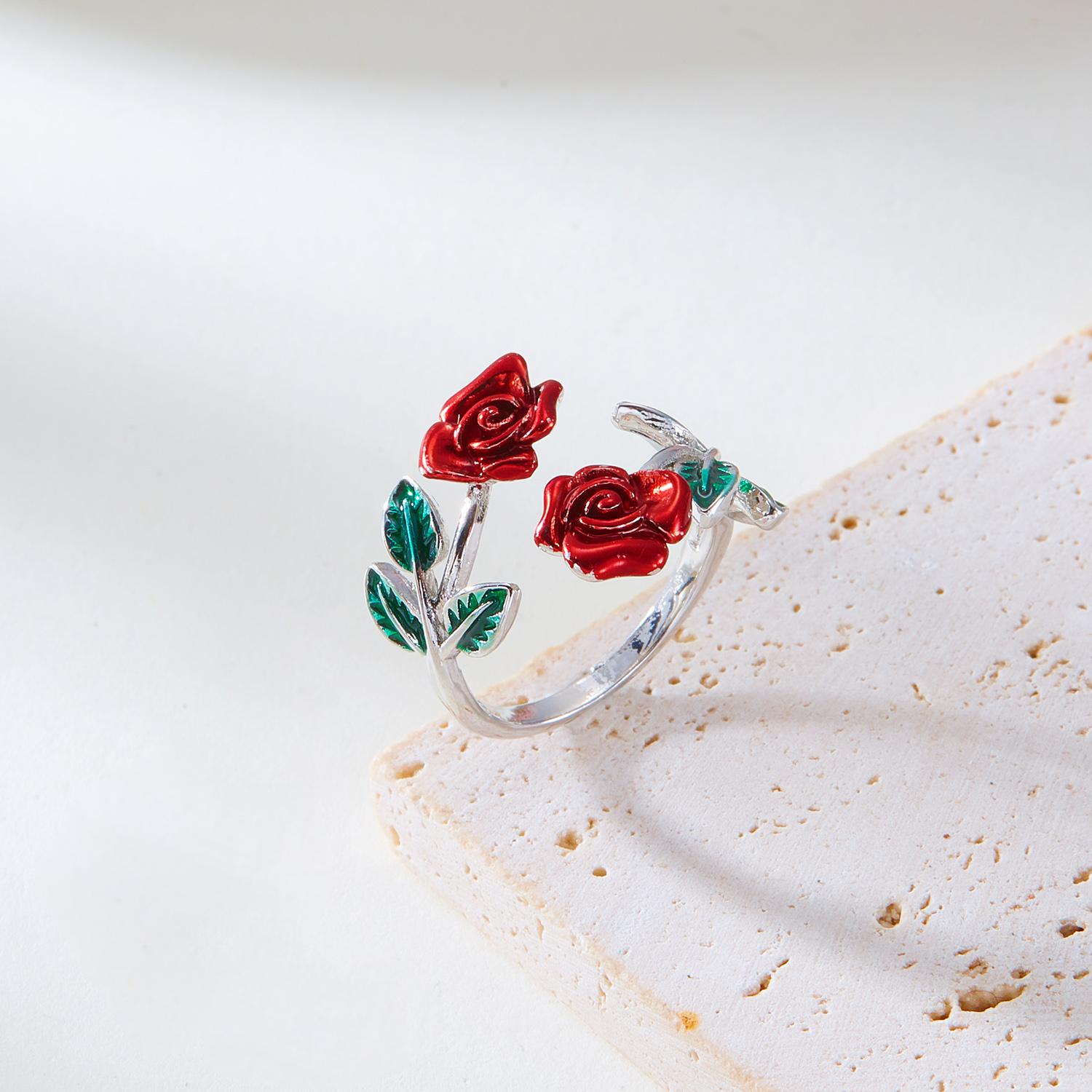 

New Retro Drip Oil Rose Flower Bracelet Ring Set for Women Vintage Simple Gold Color Open Cuff Bangle Party Wedding Jewelry Gift