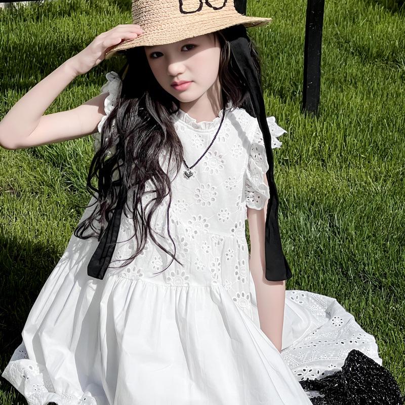 Summer 2025 Girls' Lace Princess Dress - Trendy Long Style for Big Children