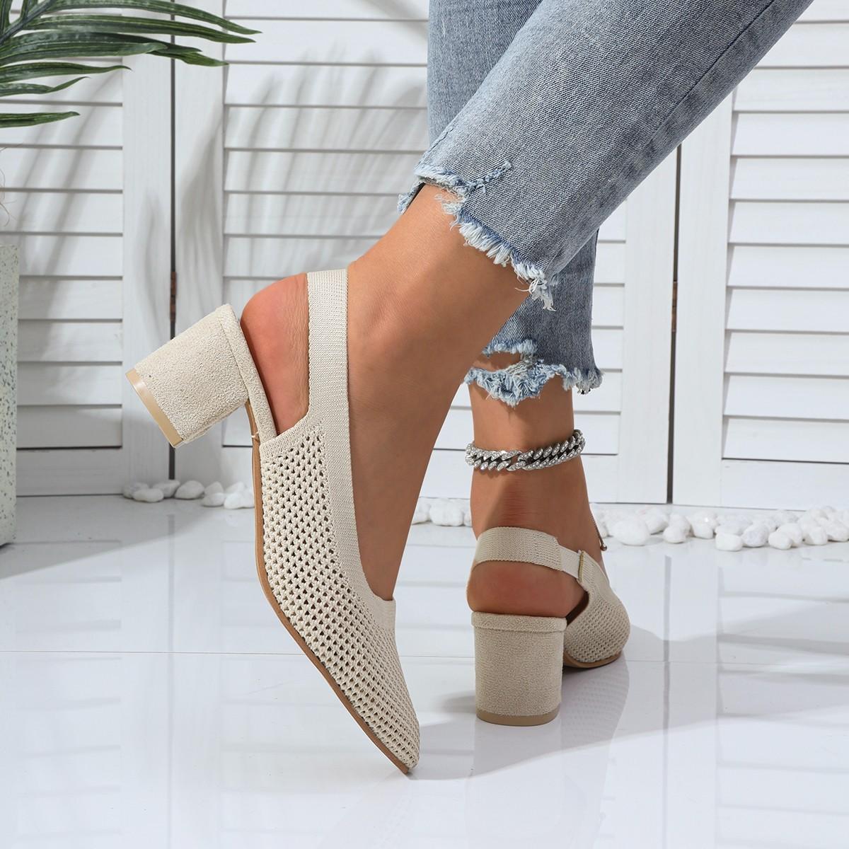 

Classic Sandals Woman Slides Casual Hoof Mid Heels Shoes Women Solid Stretch Fabric Slip on Sandals Summer Pumps Plus Size 36 бежевый