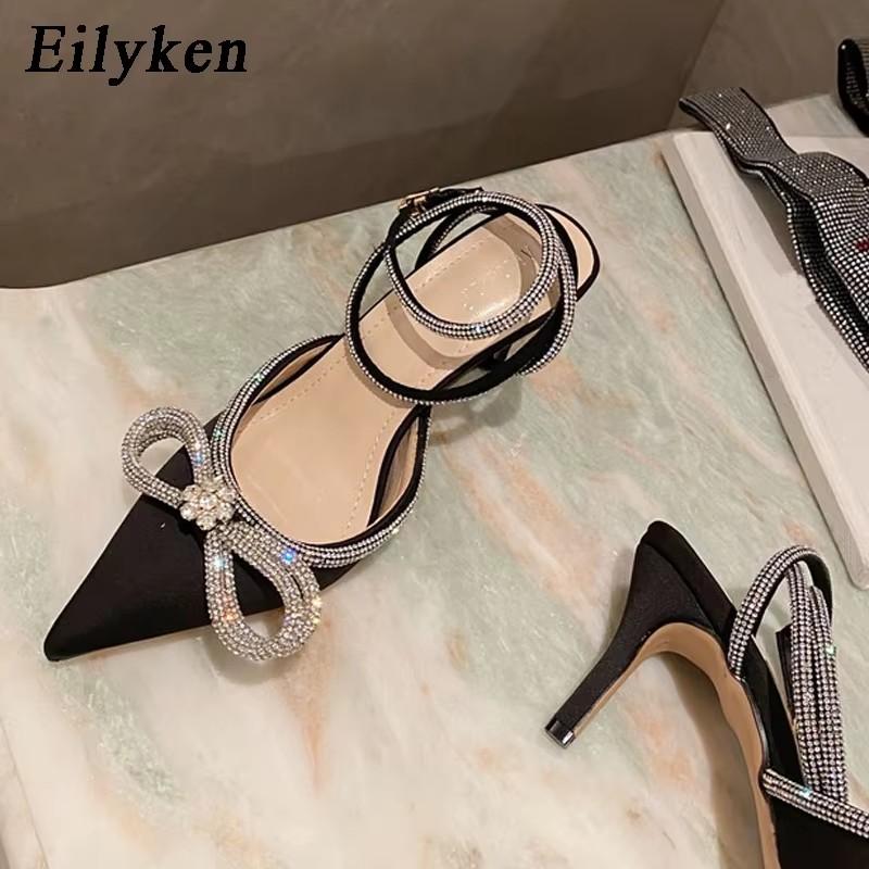 Fashion Eilyken Style Glitter Rhinestones Silk Transparent Pumps Women Crystal Bowknot Satin High Heels Party Prom Stripper Shoes