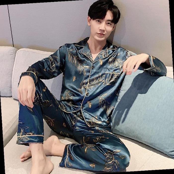 Men's Summer Ice Silk Pajama Set: Long Sleeve, Long Pants, Loose-Fit, Cooling Style.
