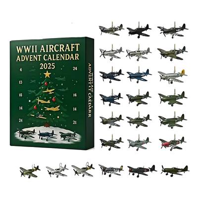 Adventskalender 2025 für WWII-Flugzeuge 24-Tage Weihnachts-Countdown-Kalender mit 24 Jagdflugzeug-Kriegsvogel-Anhängern Miniatur-Flugzeuggeschenke für Flugzeugliebhaber