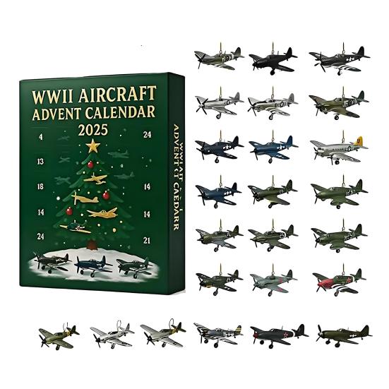 WWII Aircraft Advent Calendar 2025 24-Day Christmas Countdown Calendar with 24 Fighter Warbirds Pendants