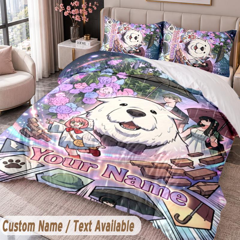 Custom Name Text 3Pcs Bedding Set Spy × Family Duvet Cover And Two Pillowcases