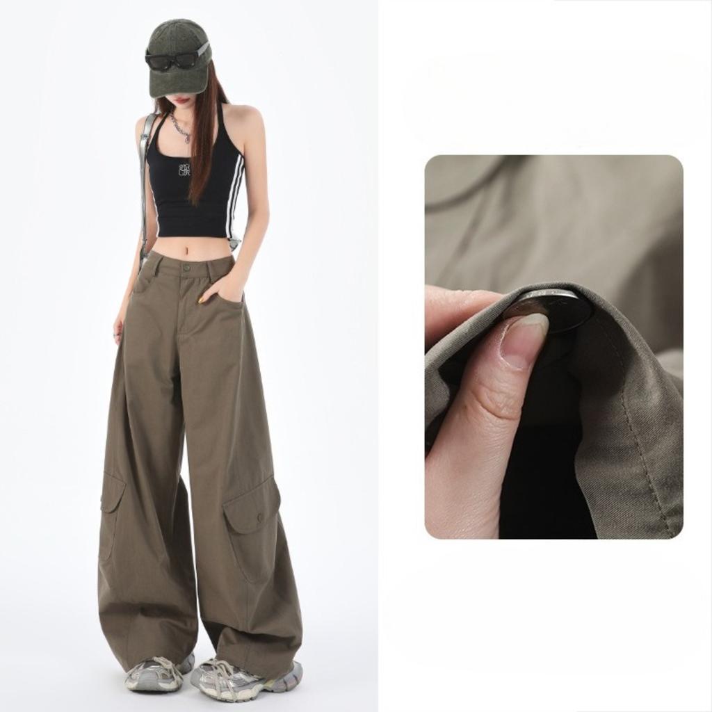Women's High Waist Loose Fit Wide Leg Long Pants Multi Pocket Cargo Pants Bottoms