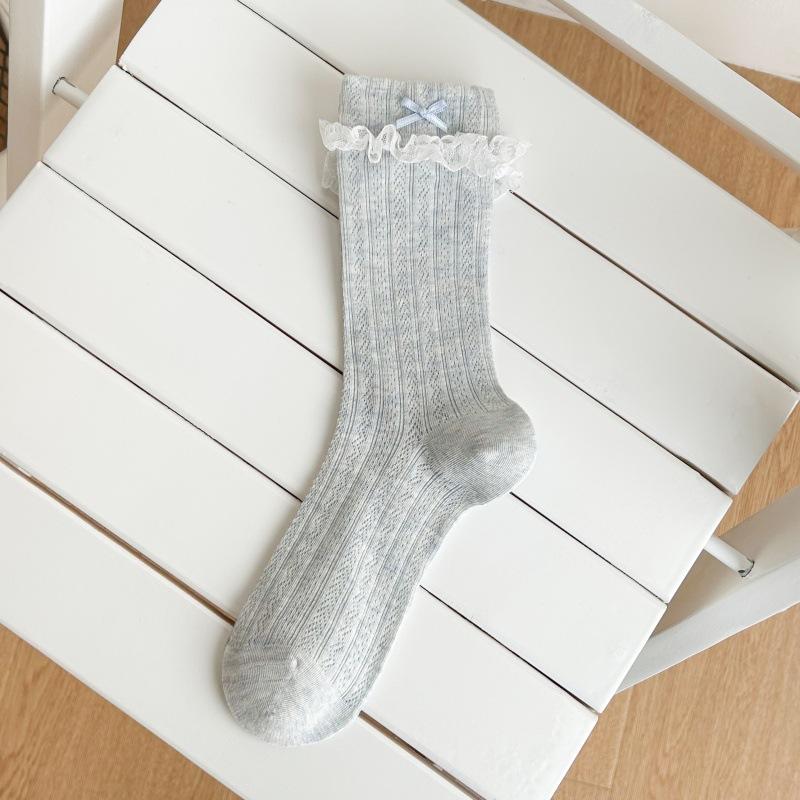 Princess Lace Socks - Boneless, Versatile Mid-calf Socks, Thin Style with Bow Ties, Mesh Openwork, Hollowed-out Design