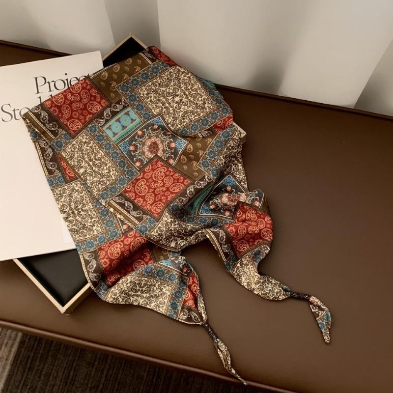 Silk scarf new fashion wheat ear cashew flower silk scarf head scarf beaded small scarf scarf triangular scarf waist tie